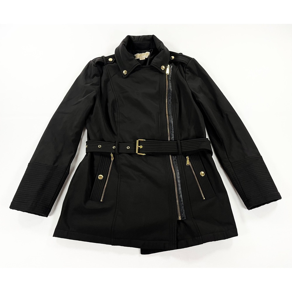Michael Kors Asymmetrical Zip Trench Moto Jacket Black Gold Belted Coat Womens M
